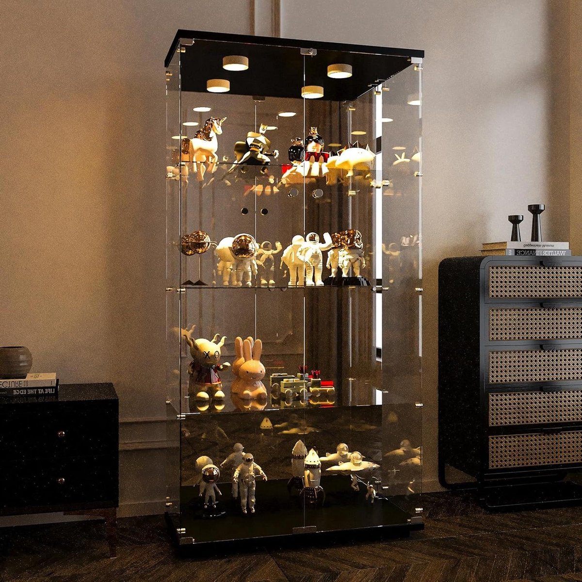 Glazen Vitrinekast - Verzamelaarskast - Collecties Presenteren - Verlicht en Afsluitbaar - 164 cm Hoog - Zwart