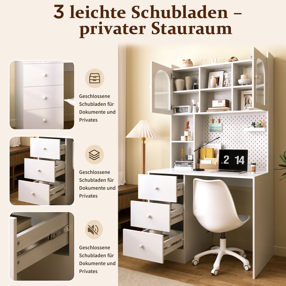 Moderner Schreibtisch met Pinnwand Vitrine - 180 cm - Weiß - MDF