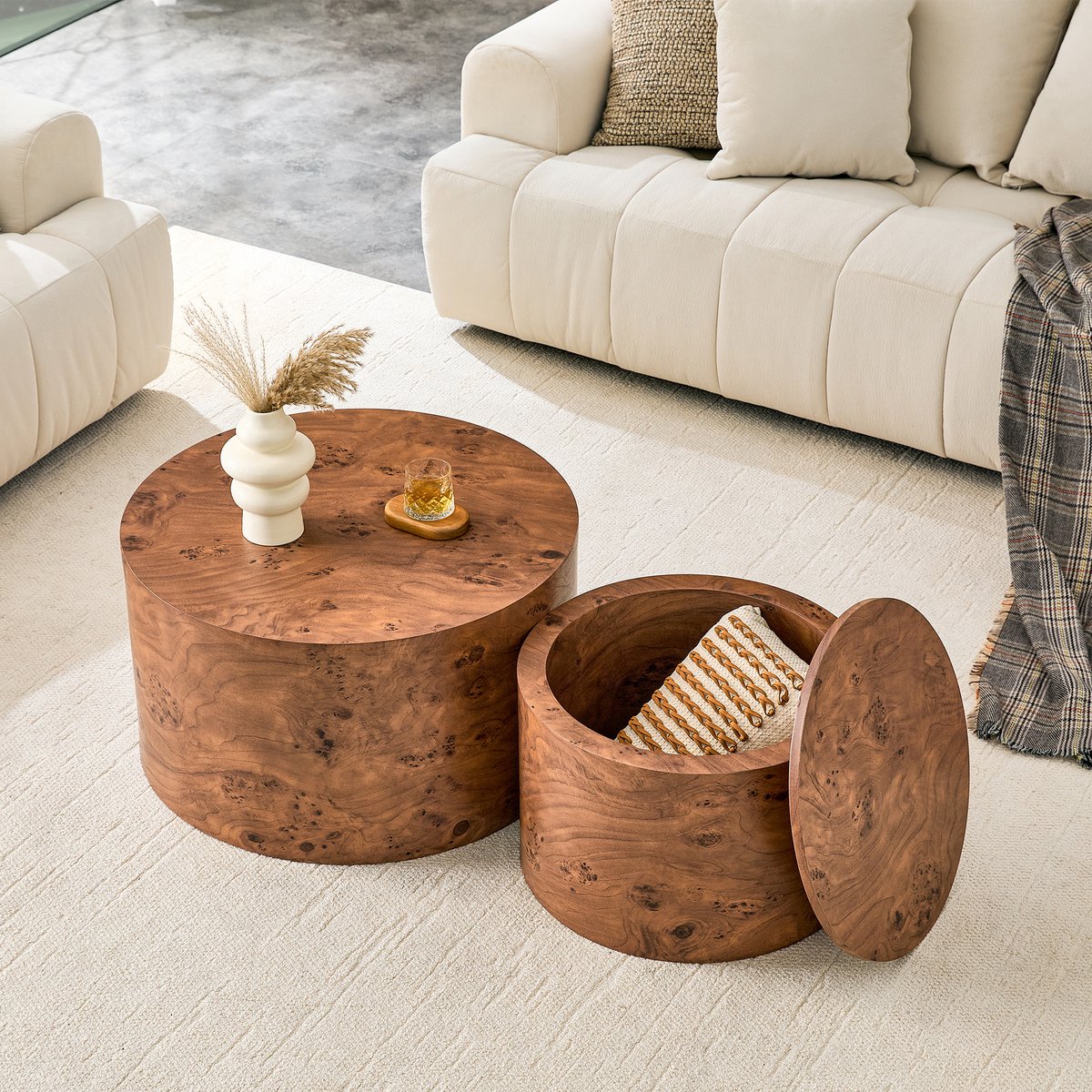 Ronde Salontafel Set Van 2 - Nesttafels Met Opbergruimte - Houtlook - Bruin