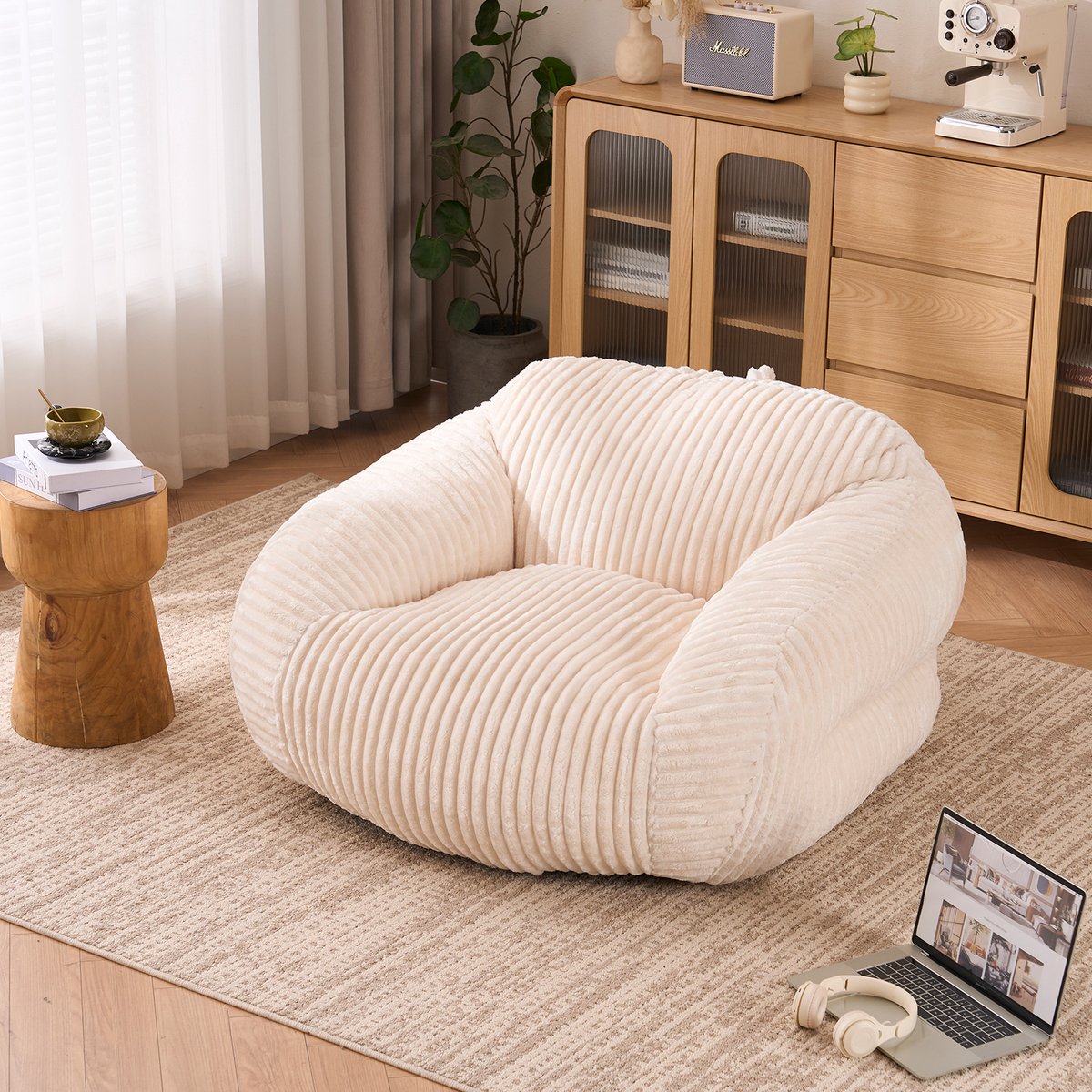 Zitzak Stoel Volwassenen - Corduroy Lounge Stoel Met Hoge Rugleuning - Comfortabele Relaxstoel Beige
