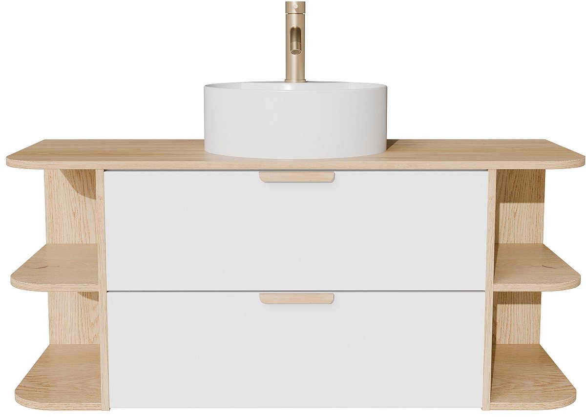 Vente-unique Zwevend badkamermeubel met nissen, ronde opbouwwastafel, kraan en spiegel - Wit en natuurlijk licht - B120 cm AVORELI