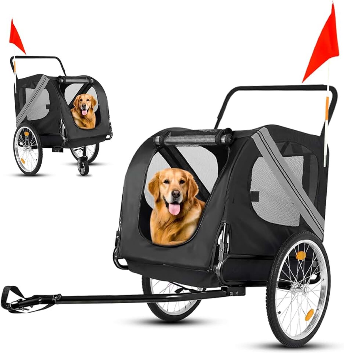 Hondenaanhanger voor de Fiets 2-in-1 – Opvouwbare Hondenfietskar met Remmen,Trekhaak en Signaalwimpel – Tot 35 kg