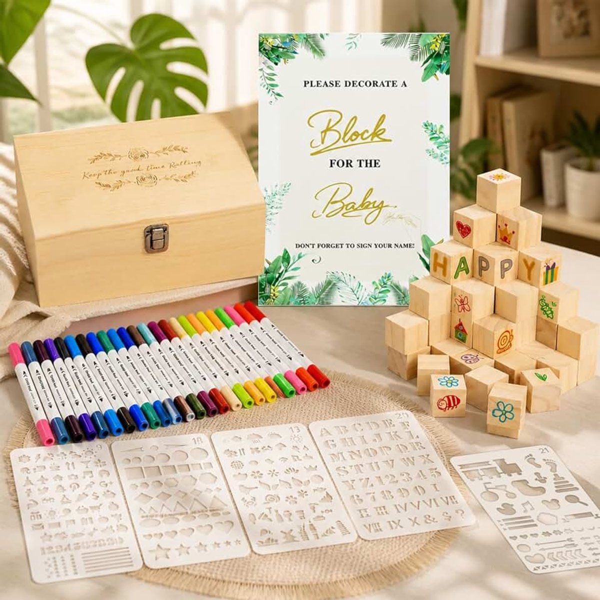 87-delig, bouwblokken beschilderen, babyshower, houten creativiteit, babyspelset met 56 houten blokken om te schilderen, 24 acrylstiften, 5 sjablonen, 1 houten bord en 1 houten