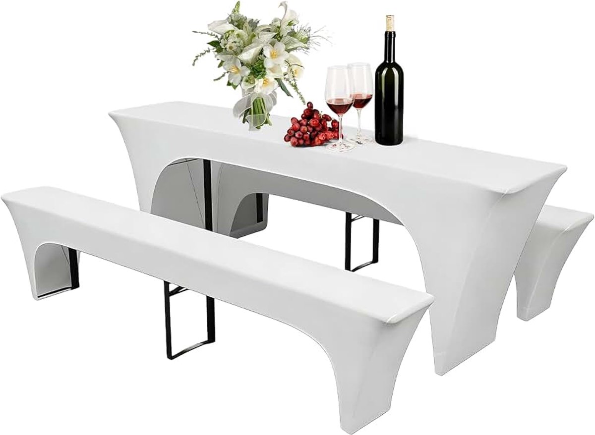 Set van 3 elastische biertafelhoezen, voor bruiloft en evenement, 220 x 50 x 70 cm (wit)