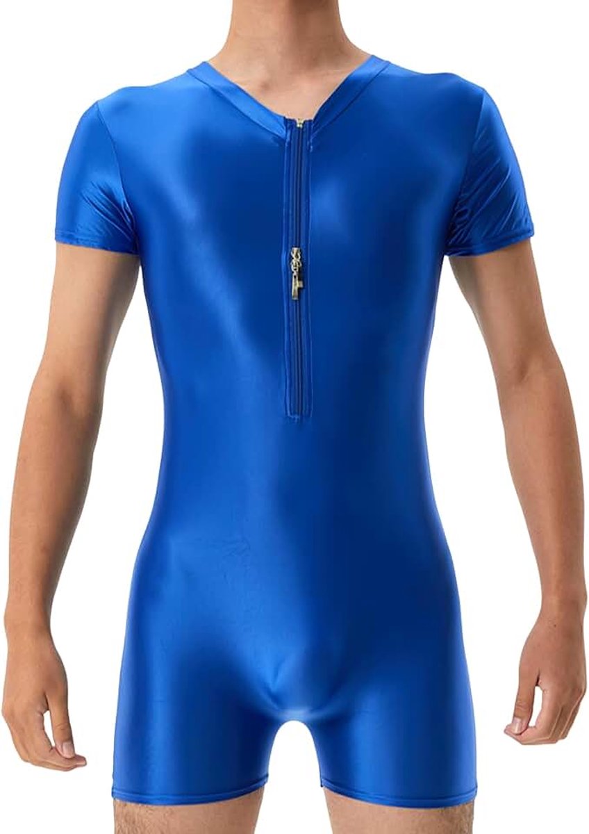 Olie glanzende bodysuit voor heren, hoge elastische bodysuit, olie-glanzende worstelsingletjes, turnpakje met rits aan de voorkant, boxershorts, basic jumpsuit, eendelige bodysuit voor
