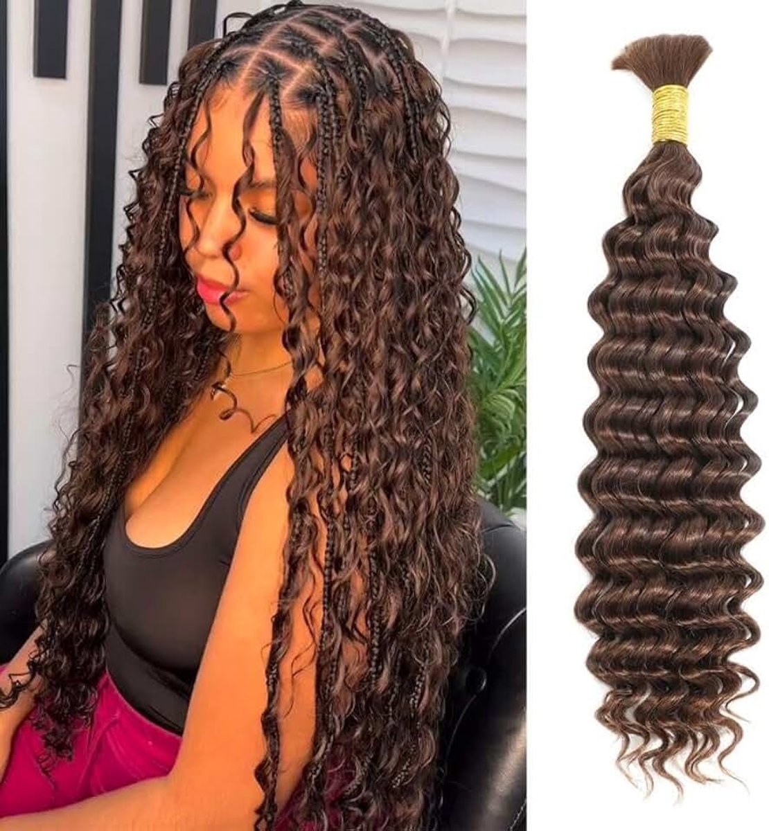 Wave Bulk Menselijk Haar Vlechten voor Boho Braids Weven Natuurlijk Menselijk Haar Onverwerkt Geen Weft Braziliaans Weven Krullend Bundel Virgin Haar 1 Vlecht Per Pack 50g Chocolate Brown 22 Inch