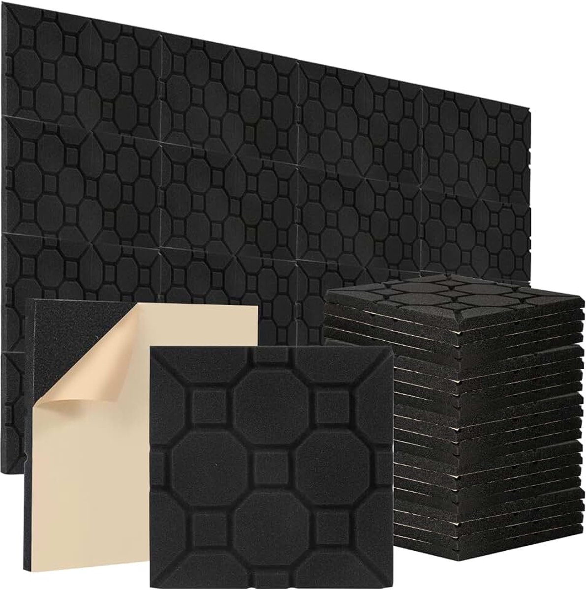 72 stuks akoestisch schuim akoestische panelen zelfklevend 30x30x2.5cm geluidsisolatie absorptie van echo's, geluidsbescherming voor huis en studio, gaming decoratie, podcasts, zwart