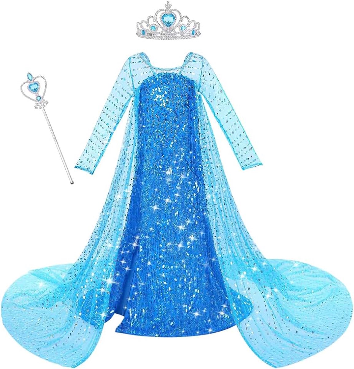 Kinderprinsessenjurk, Jurk met Toverstaf en Kroon, Prinsessenkostuum voor Meisjes, Jurk met Lange Mouwen voor Kerstmis, Halloween, Verjaardag, Feest, Cosplay