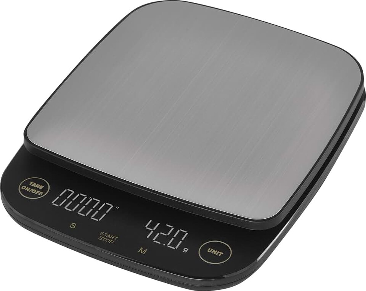 Digitale koffieweegschaal van roestvrij staal - keukenweegschaal voor Barista - 3 kg maximaal gewicht, 0,1 g precisie - Tara functie, timer, LED-display - g, lb, oz - uittrekbare ophanghaak