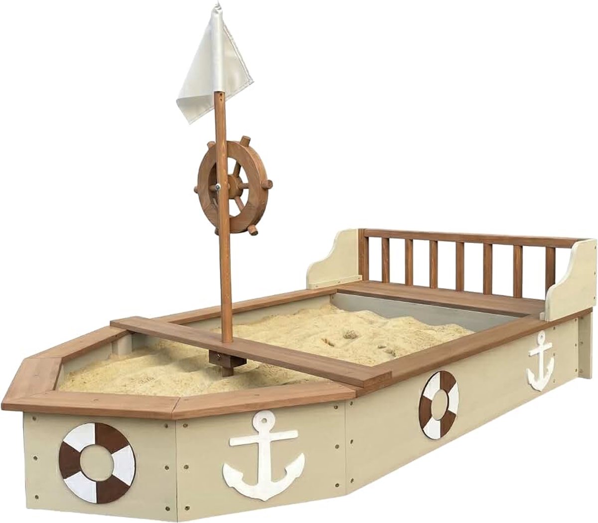 Doris Zandbak van Hout in de vorm van een boot - Beige | Zandbak schip met draaiend roer, vlag & bankjes | Zandbakboot inclusief zeil en gronddoek | 153x90x100 cm