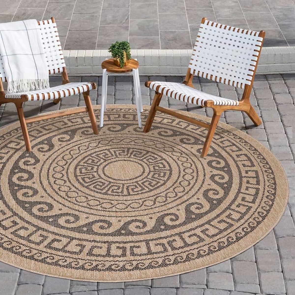 Buitentapijt met vintage design, weerbestendig, in natuurlijke kleuren, geschikt voor terrassen, keukens, balkons en zelfs woonkamers, Kleur: Natuur, Maat: 160 cm Rotondo