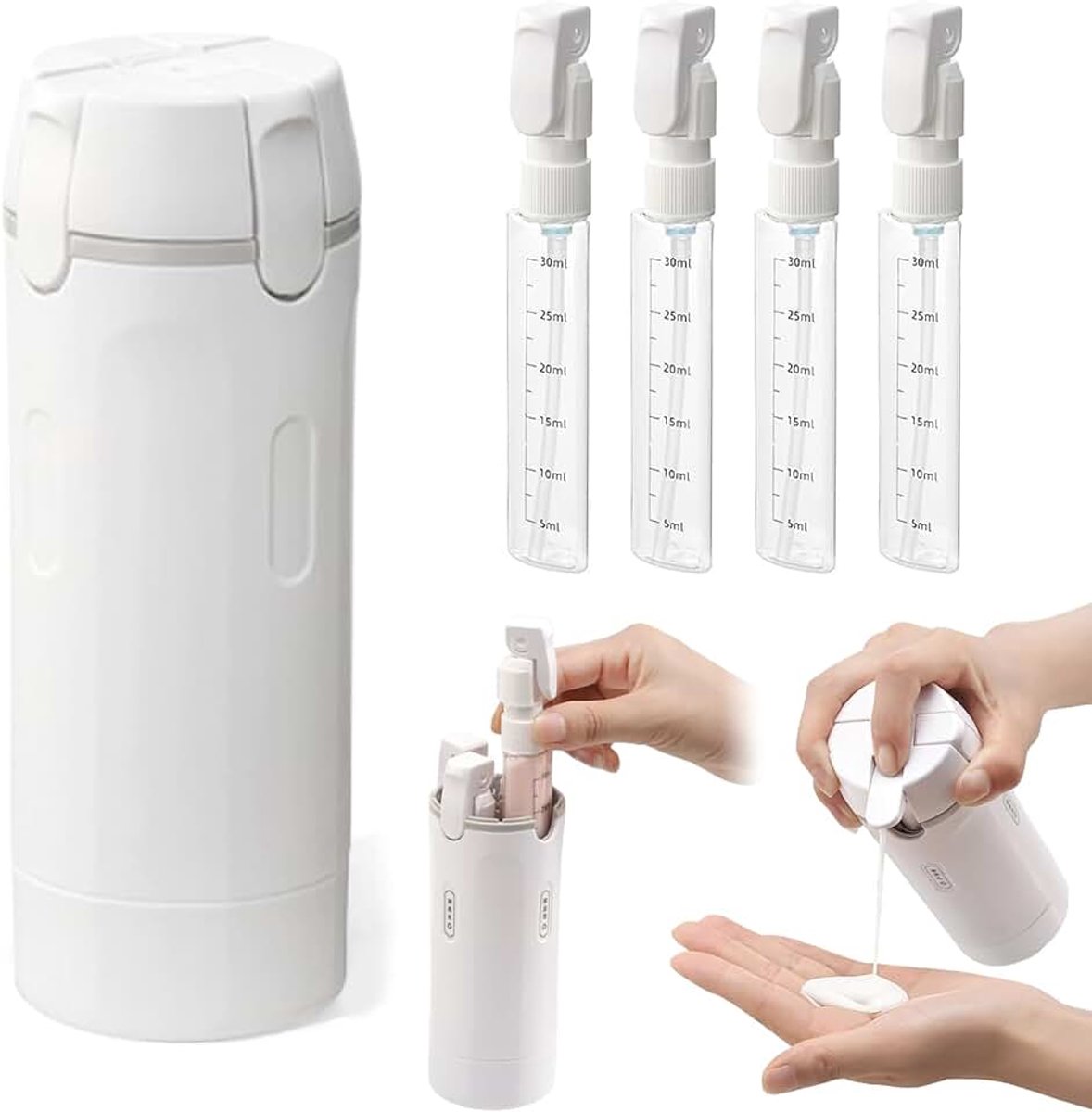 4-in-1 reisdispenserfles, 40 ml, navulbaar, draagbaar, reisflessen met etiketten en schaalverdelingen, reiscontainer, voor shampoo en parfumspoeling