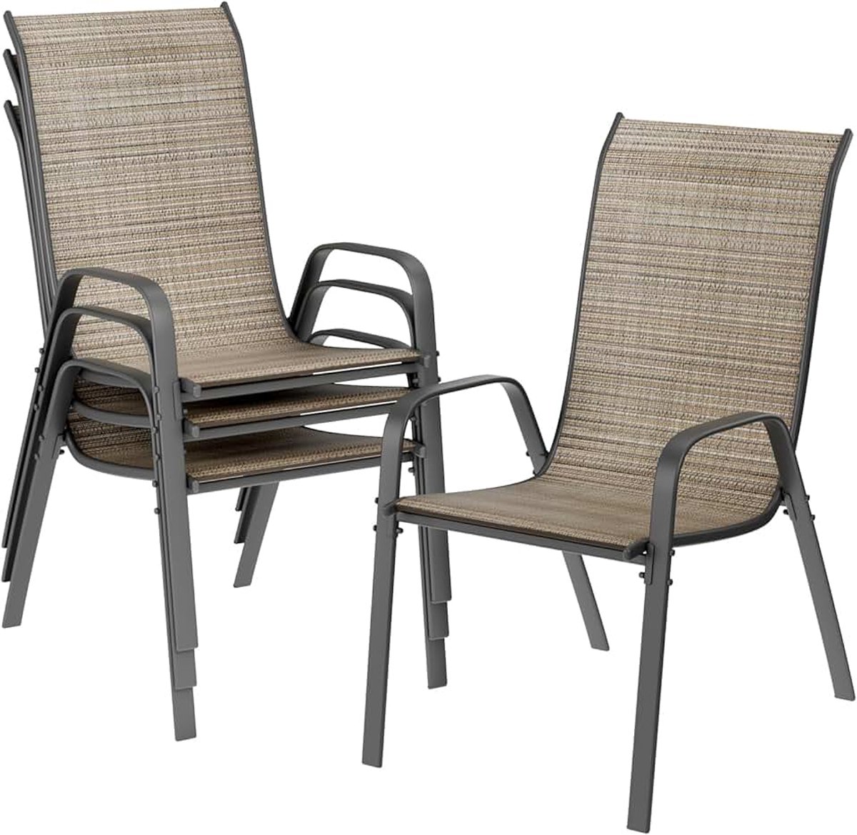 Stapelbare Tuinstoelen met Hoge Rugleuning, Set van 4 Flax Bruin, Armleuningen & Textilene Stof, 150kg Capaciteit, Outdoor Eetkamerstoelen voor Terras, Achtertuin, Balkon, Restaurant