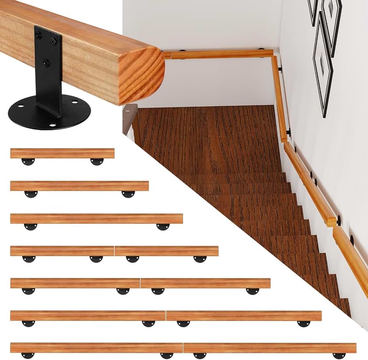 Leuning van grenenhout, 180 cm, voor trap, wandleuning, wandleuning, zijmontage, inclusief wandhouders, montagemateriaal, voor binnen, halfrond hout