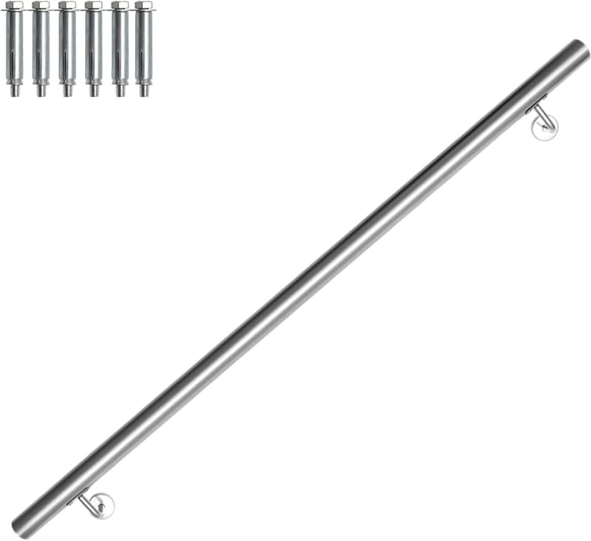 Stalen leuning, reling, trapleuning, wandleuning binnen en buiten, incl. wandhouder en eindkappen, rond Ø 42 mm, trap wandhouder handgreep stang, lengte: 120 cm