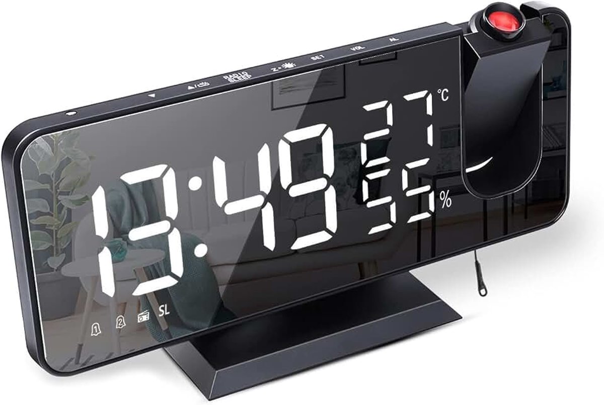 Wekker met Projectie,Digitale Projectiewekker met 7,5 inch gespiegeld LED-display,FM-radio,Snooze Dubbel Alarm,Helderheid van 4 Schermen,Automatische Dimfunctie,USB-poort (Zwart)