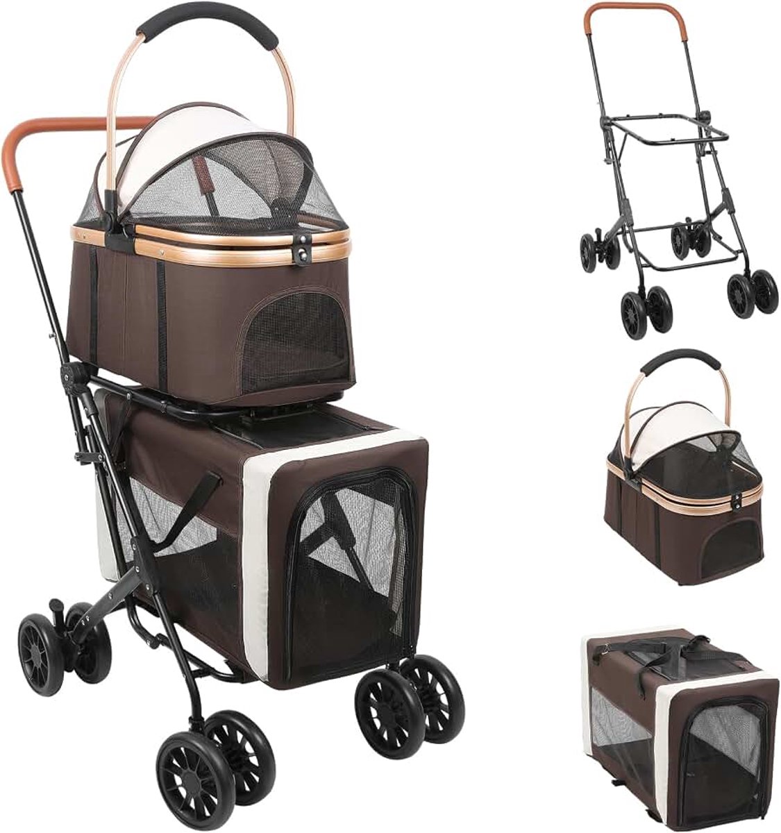 2-in-1 hondenwagen, hondenbuggy, dubbeldeks huisdierbuggy, kinderwagen voor katten/kleine honden, jogger buggy voor huisdieren met gaasramen, tot 40 kg (Koffiebruin)