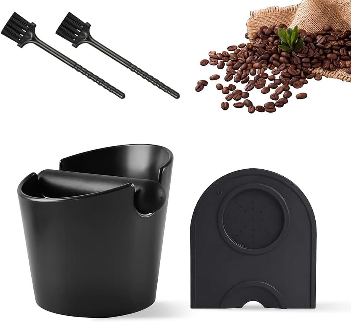 Afklopbak voor zeefdragerset, accessoires knock box barista-stijl, met siliconen klopstang, siliconenmat en 2 reinigingsborstels, hoogwaardig, geluidsabsorberend en antislip, voor keuken, café en