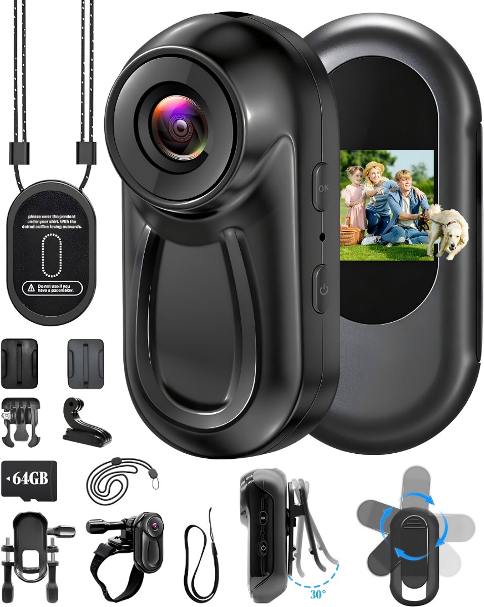 NIVA® Bodycam - 64GB - Mini Action Camera - Mini Bodycam - Zwart - 16cm x 11cm x 6cm
