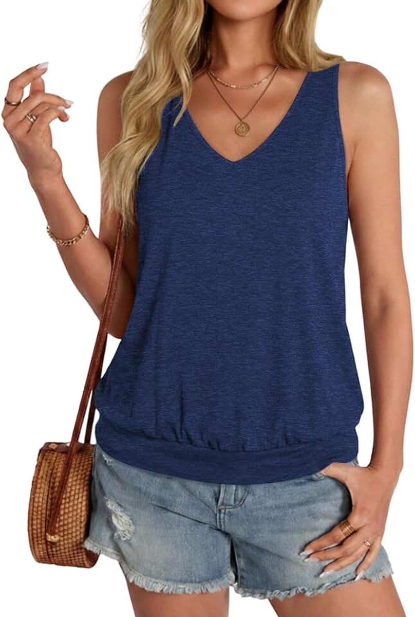 Top voor dames, zomer, mouwloos, tanktop, V-hals, stretch, losse basic tops