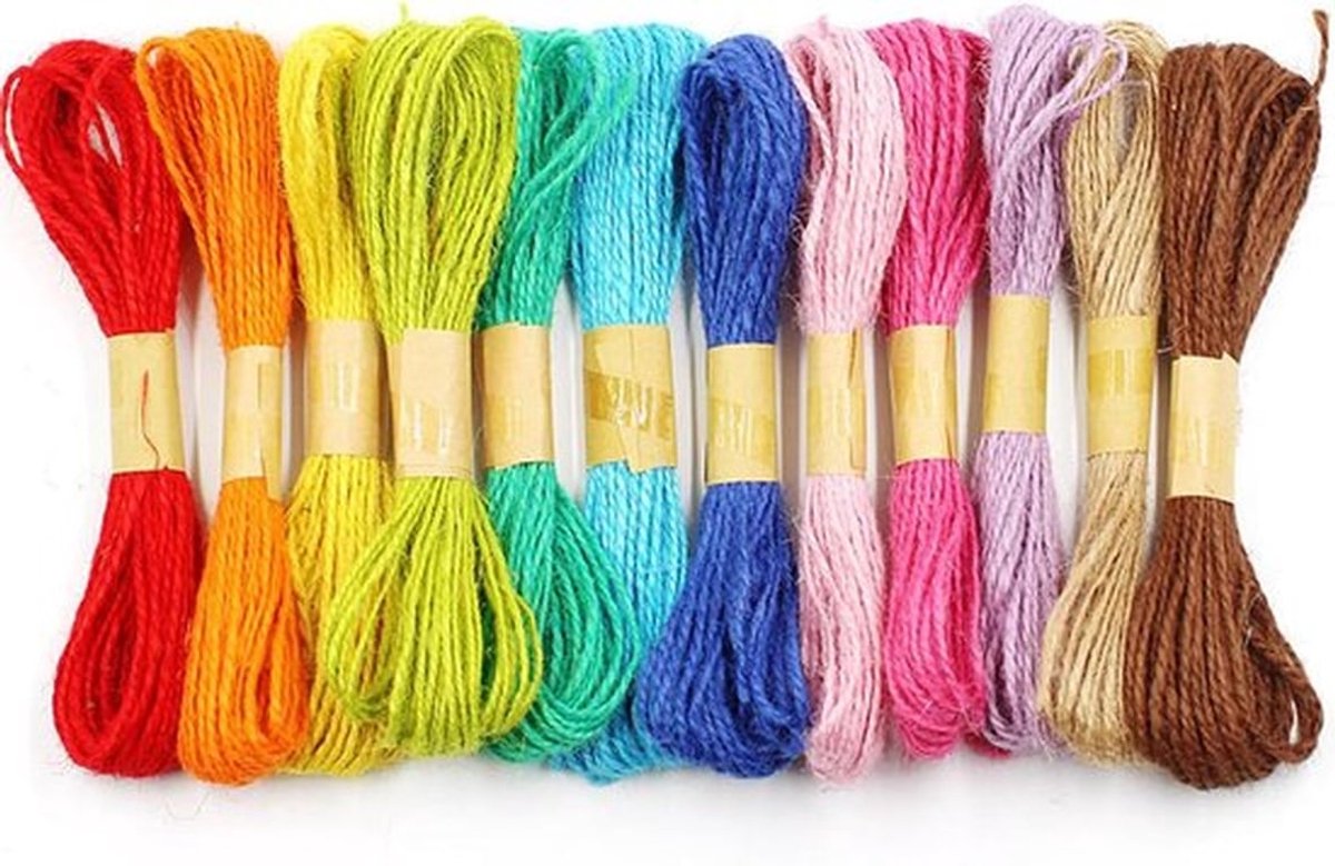 12 Stuks Natuurlijk Touw, Kleurrijk Jute Vezel Touw, Natuurlijk Jute Touw Set, Gebruikt voor het Ophangen van Foto's, Geschenken, Doe-Het-Zelf Decoraties (12 Kleuren)