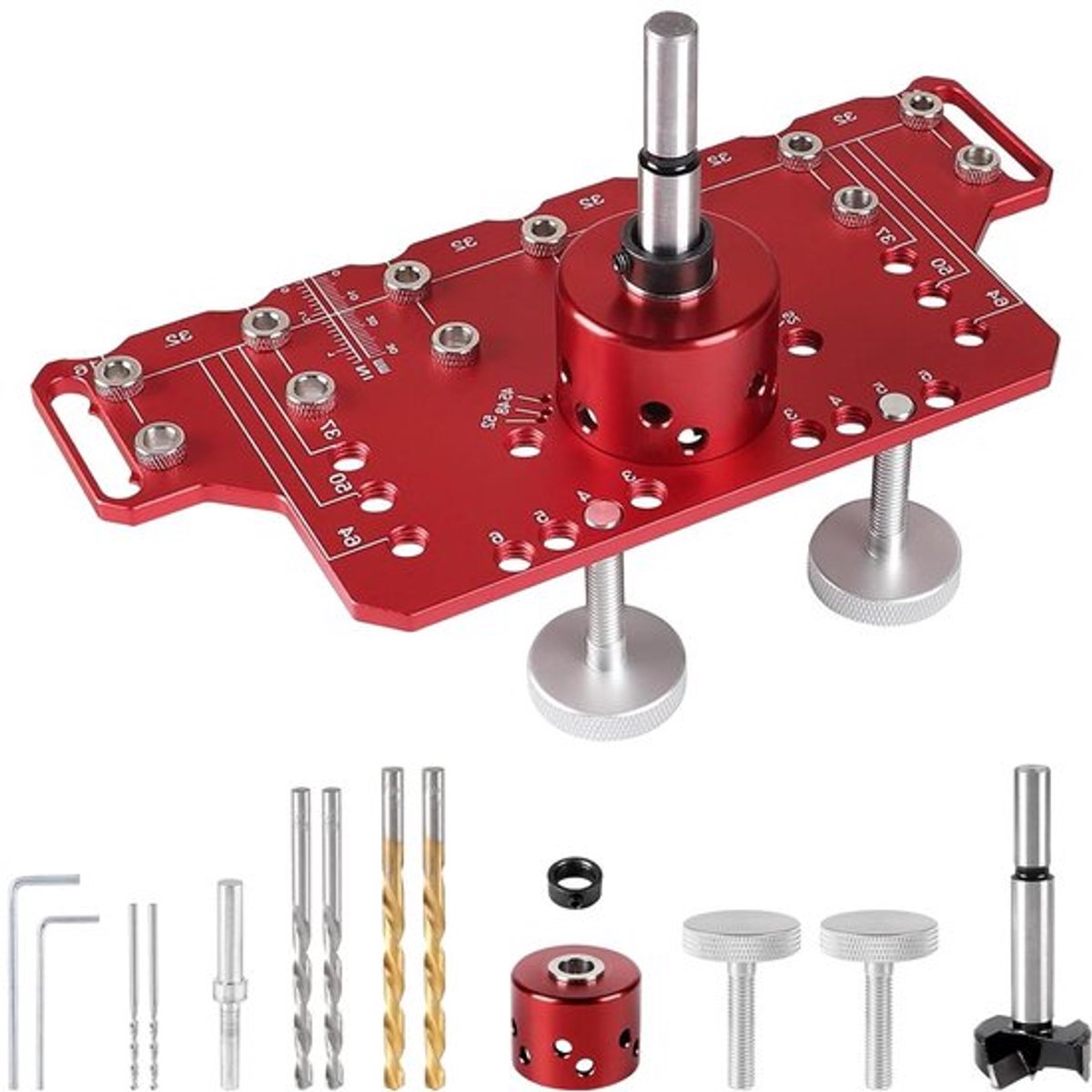 Plank Pin en Scharnier Jig Set - Boormal voor Planken en Kastdeuren met 35mm Scharnieren - Aluminium Boormal met Rij Gaten en Boorkoppen - Rood