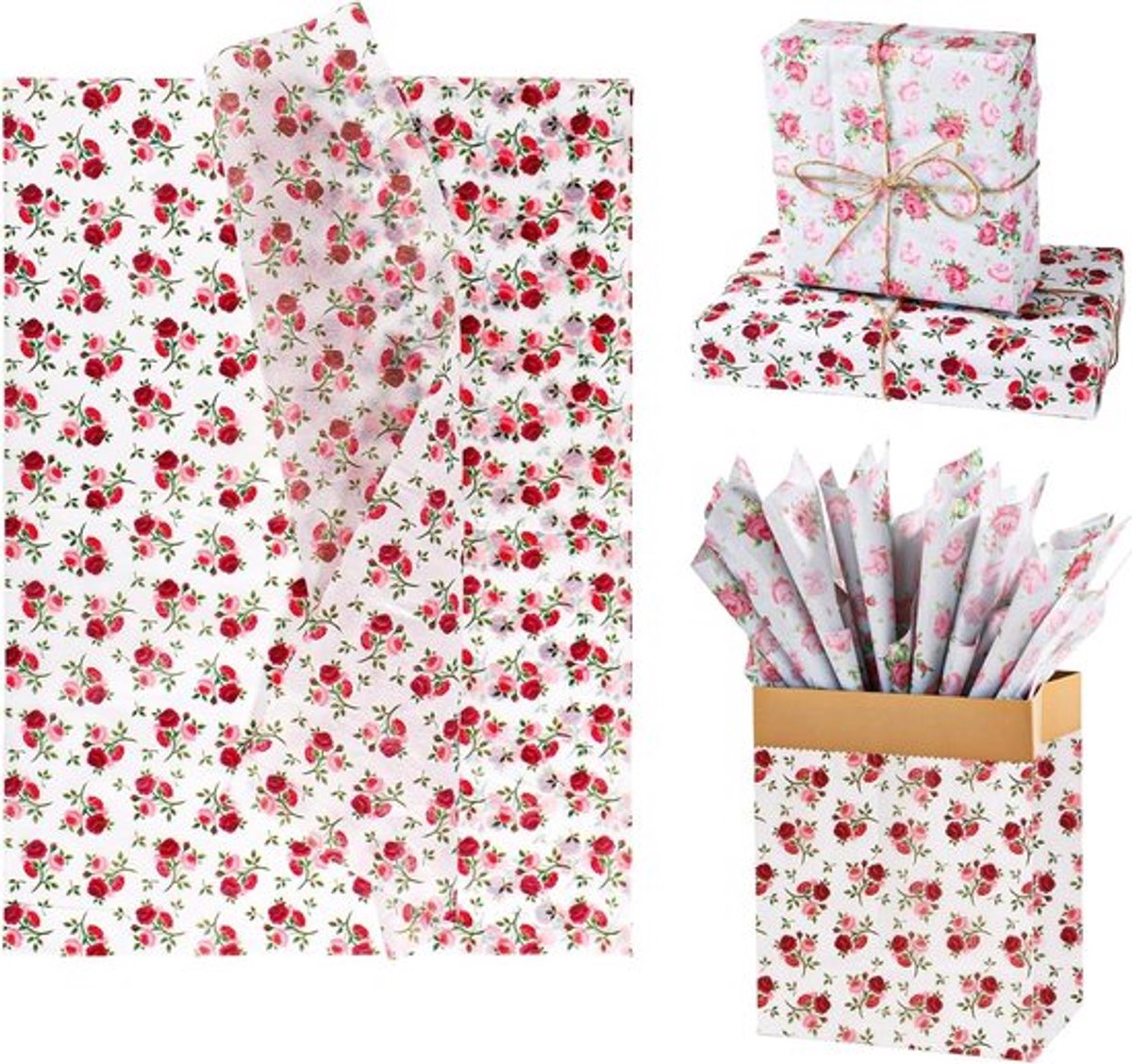 - Vloeipapier - Bloemenbedrukking - 30 vellen - 50x35cm - Geschenkverpakkingen - Rozenprint - Inpakpapier - Verjaardagen - Bruiloften - Feesten - Knutselbenodigdheden - Roze - Universeel
