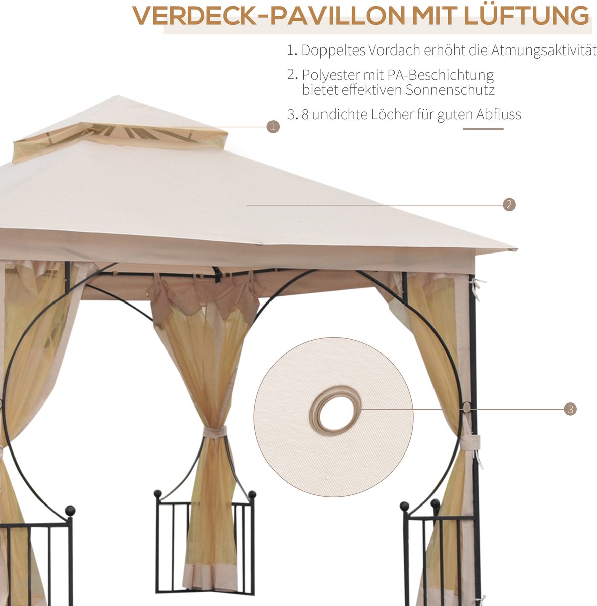 DESMIU Partytent – 295 X 295 X 275 Cm – Dubbel Dak Met Muggengaas – Metaal En Polyester – Beige En Zwart – Voor Tuin En Feesten