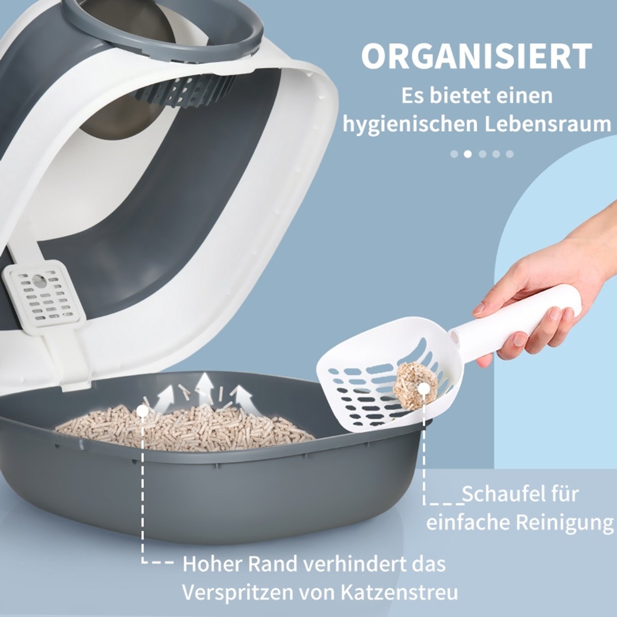 DESMIU Kattenbak – Gesloten En Opvouwbaar – 52 x 41 x 38 cm – Kunststof – Wit Grijs – Met Geurfilter En Schep – Voor Katten Tot 5 kg
