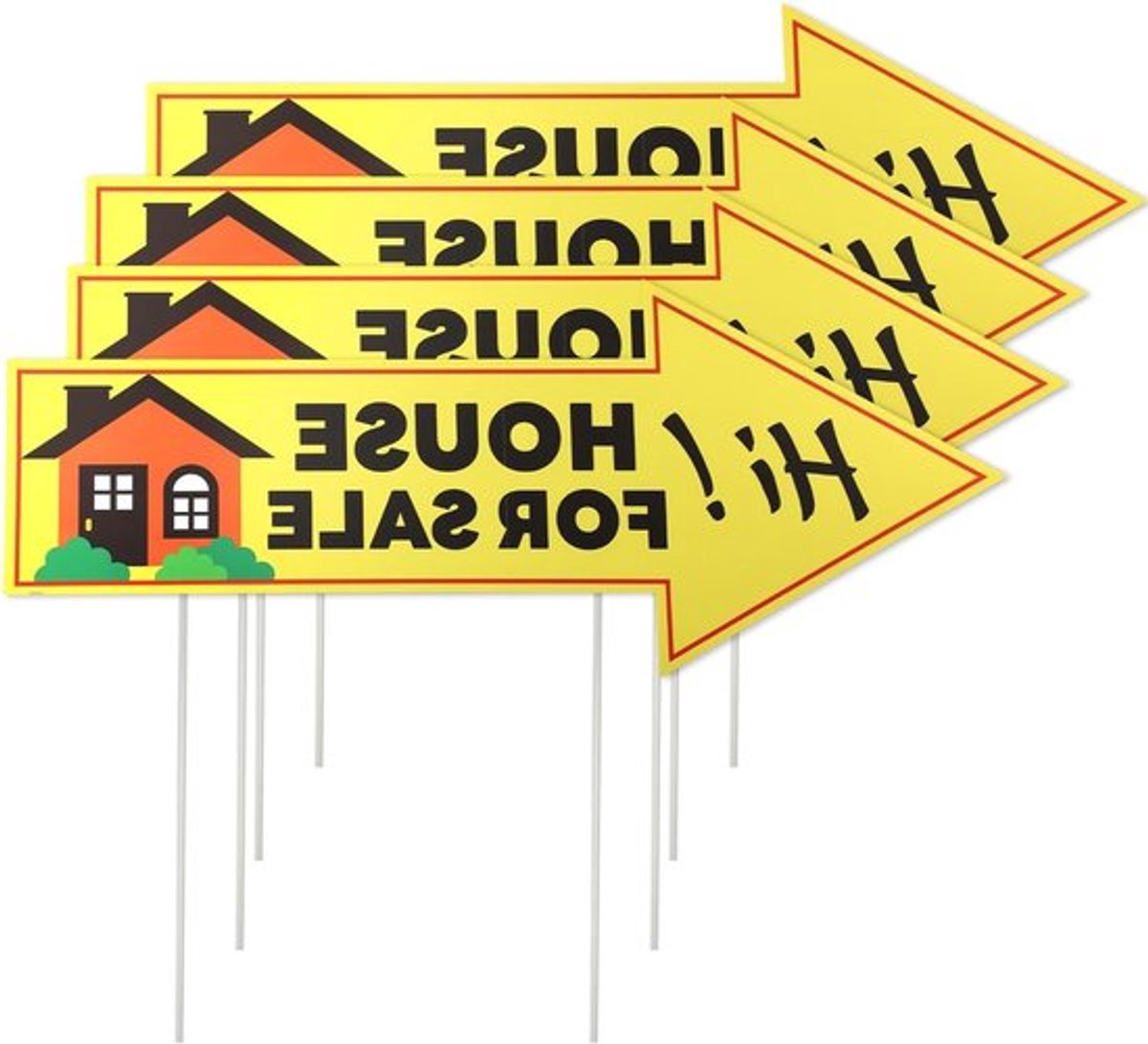 4 Stuks Te Koop Borden voor Huis, 80x33cm Dubbelzijdige Gele Borden met Palen voor Verhuizing, Tuin en Vastgoedtransacties