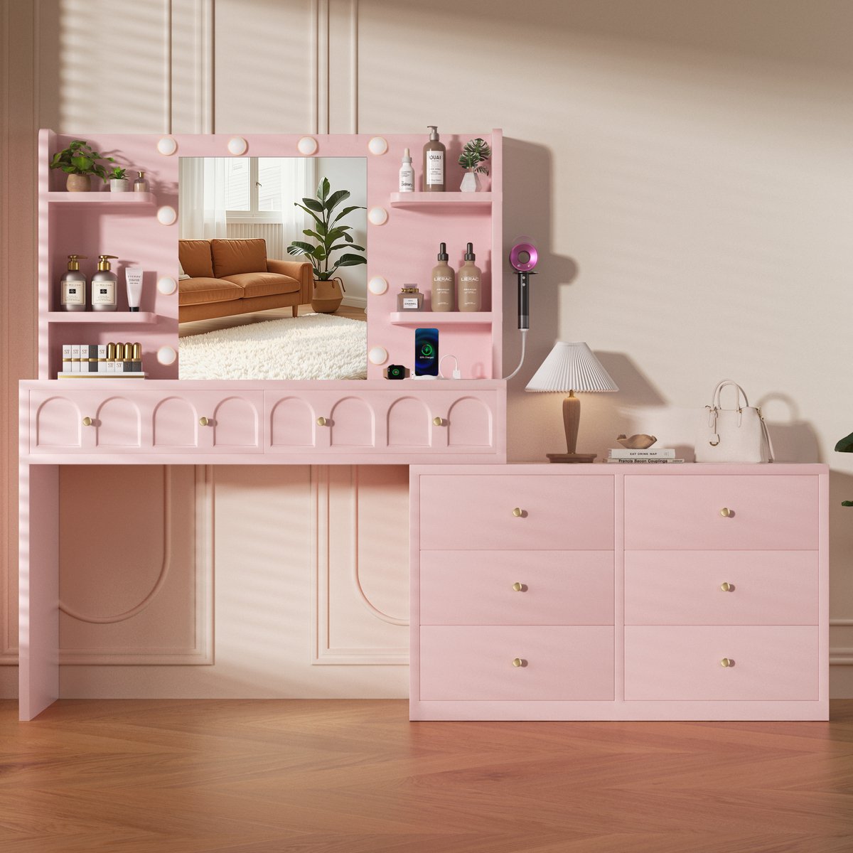 Lexzurn Kaptafel - make up tafel met spiegel - 3 soorten LED-verlichting - draaibaar L-vormig - Met haak voor föhn - Met Stopcontacten & USB-poorten- 8 laden en 11 open opbergruimten - 164x135x40 cm - Voor Slaapkamer Kleedkamer - Roze