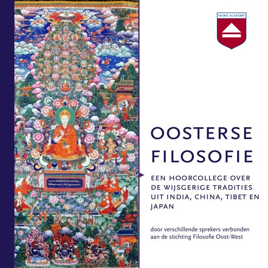 Een gedetailleerd Boeddhistisch schilderij met veelkleurige figuren, tempels en symbolen, met de tekst "OOSTERSE FILOSOFIE".