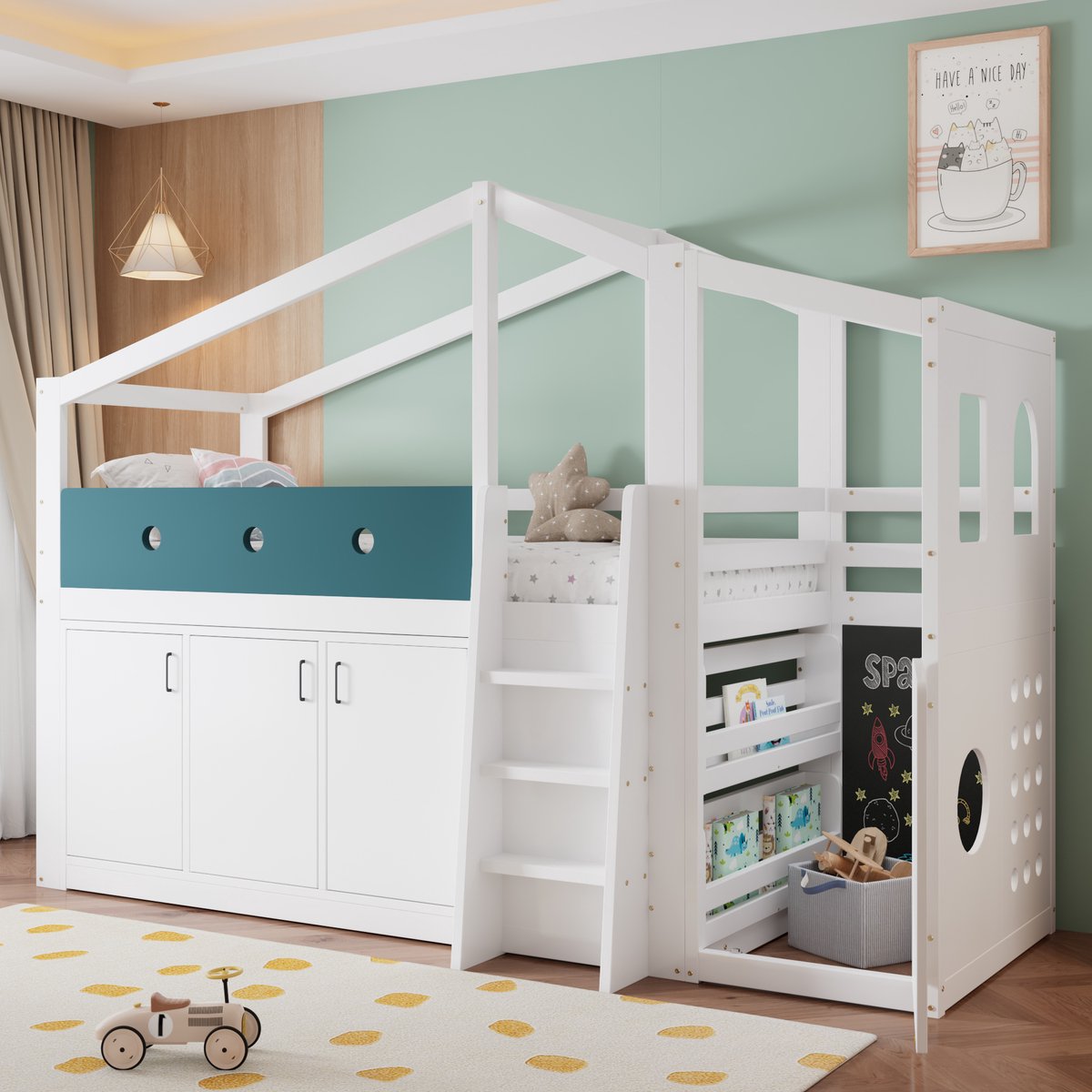 PHOEBE CAT Halfhoogslaper - 90 x 200 cm - Huisvorm - Met opbergkast - Tekenbord - Kinderbed - Wit