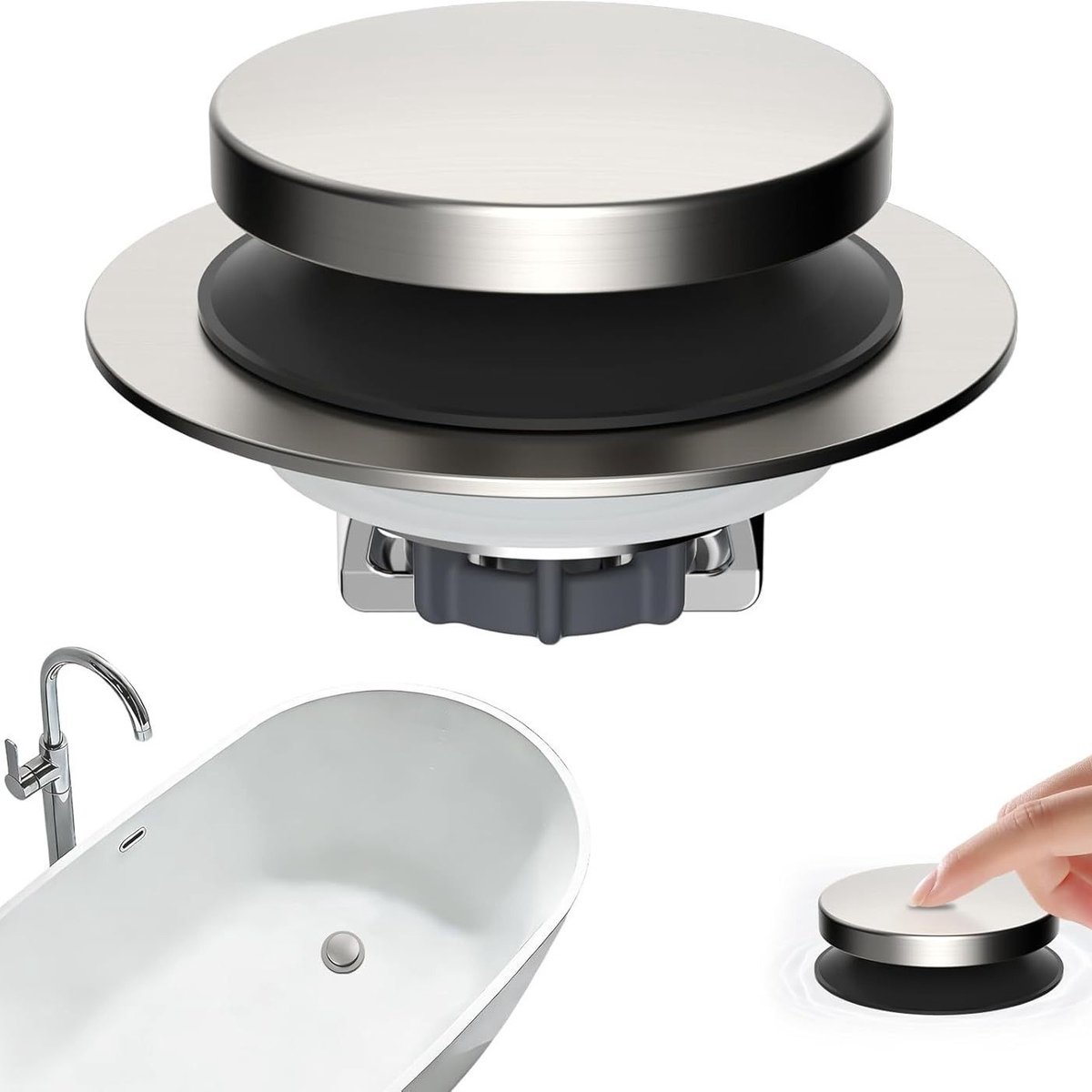 Afvoerstop voor badkuip - 3-in-1 afvoerstop voor badkuip - Druksluiting - Badaccessoire - Geschikt voor afvoeren van 1,5 tot 2,4 inch - Zilver - 69,5 x 41,2 mm - Binnendiameter 33 mm