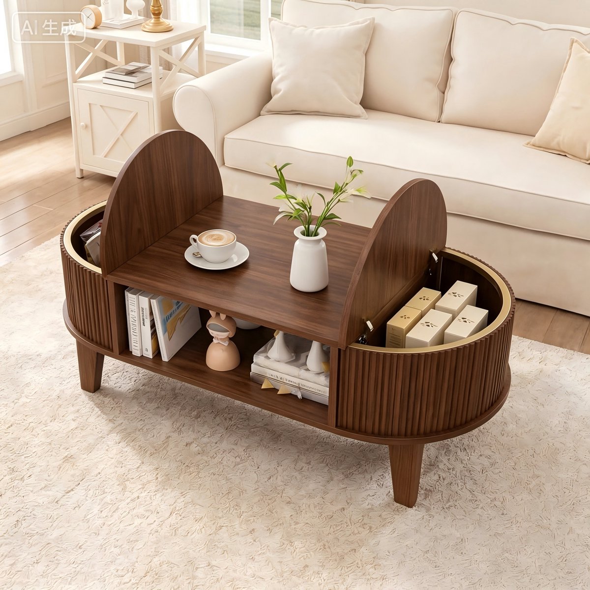 Ovale salontafel met opbergruimte 100x50x40,5 cm - Houten salontafel walnootkleur met opklapbaar blad, verborgen vak en open plank voor woonkamer
