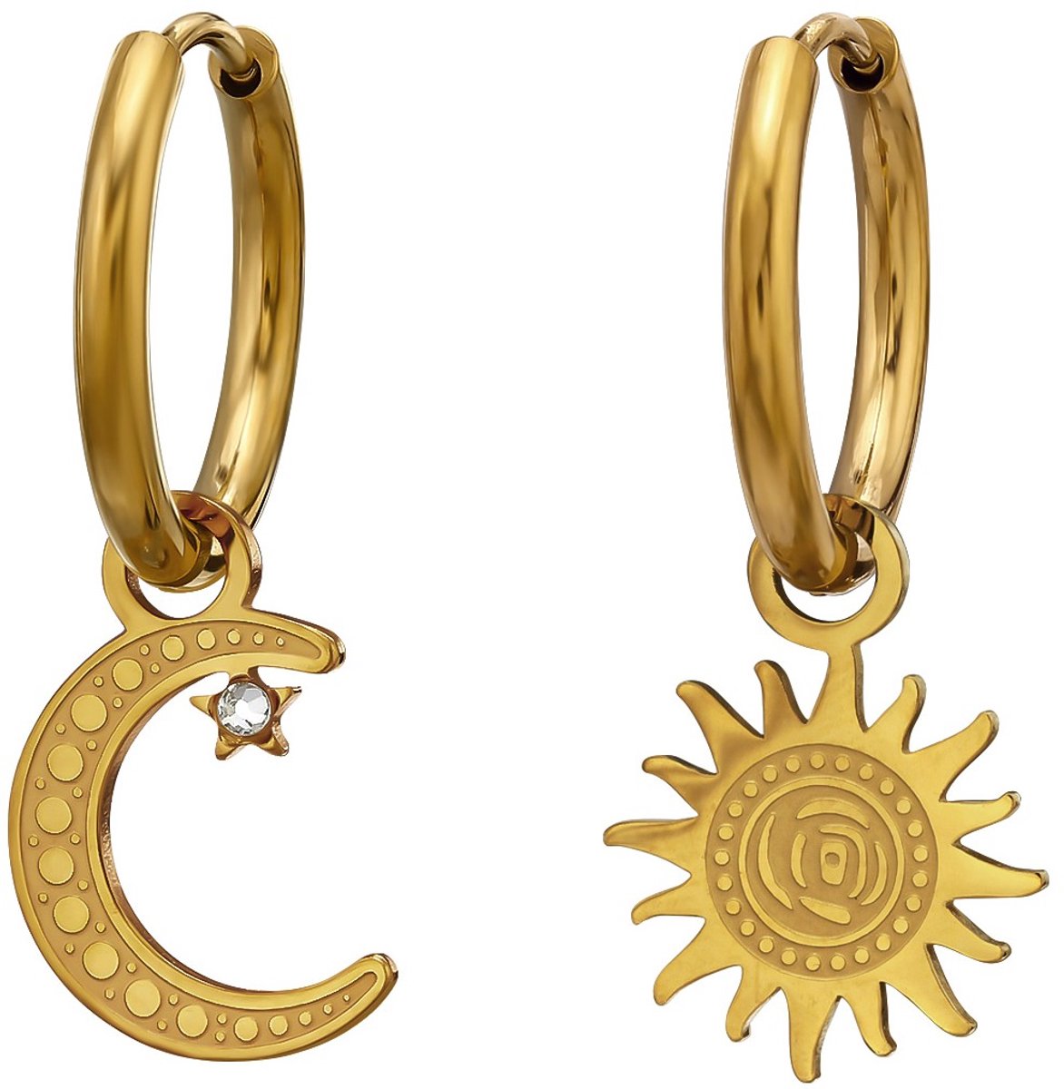 Joy Ibiza - zon maan oorbellen - zon en maan bedel oorringen - 15 mm met klap scharnier sluiting - chirurgisch staal - ear party boho - bohemian style - ip/pvd goldplated t72