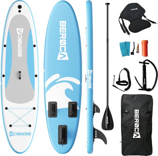 BEROCA SUP Board - met Zitje - Opblaasbaar Paddle Board - Complete Set - 320x81cm - Max. 160 kg- Blauw Wit