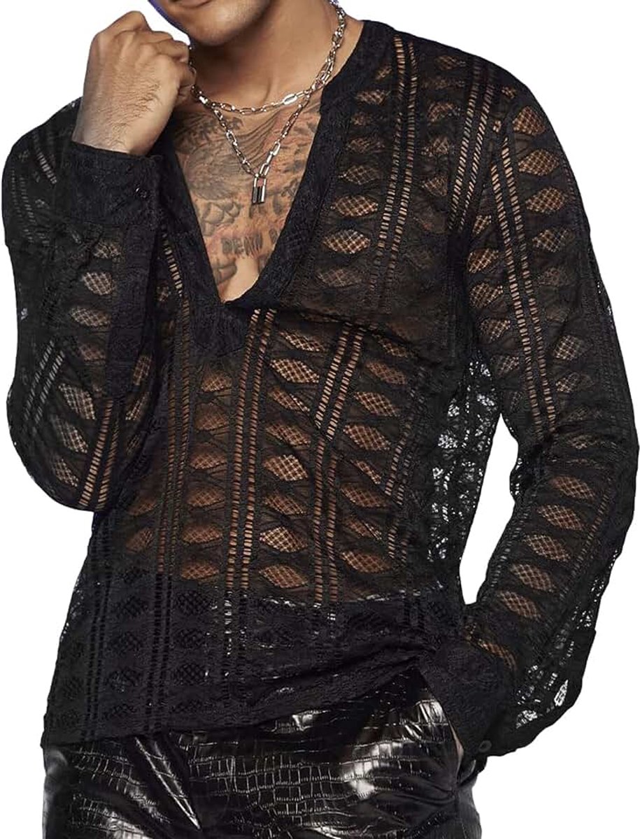 Transparante top voor heren, lange mouwen, netonderhemd, kant, blouse, mesh, prikkelend ondergoed, slim shirts, clubwear