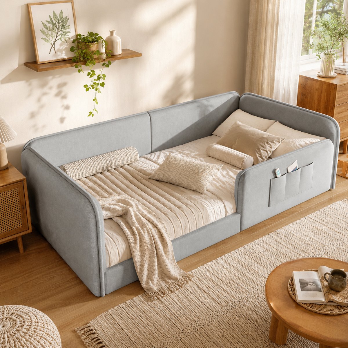 Eenpersoonsbed 90x200 cm - Vloerbed - Gestoffeerd bed - Linnen - Met vangrails - Met opbergvak - Veilig en comfortabel - Grijs