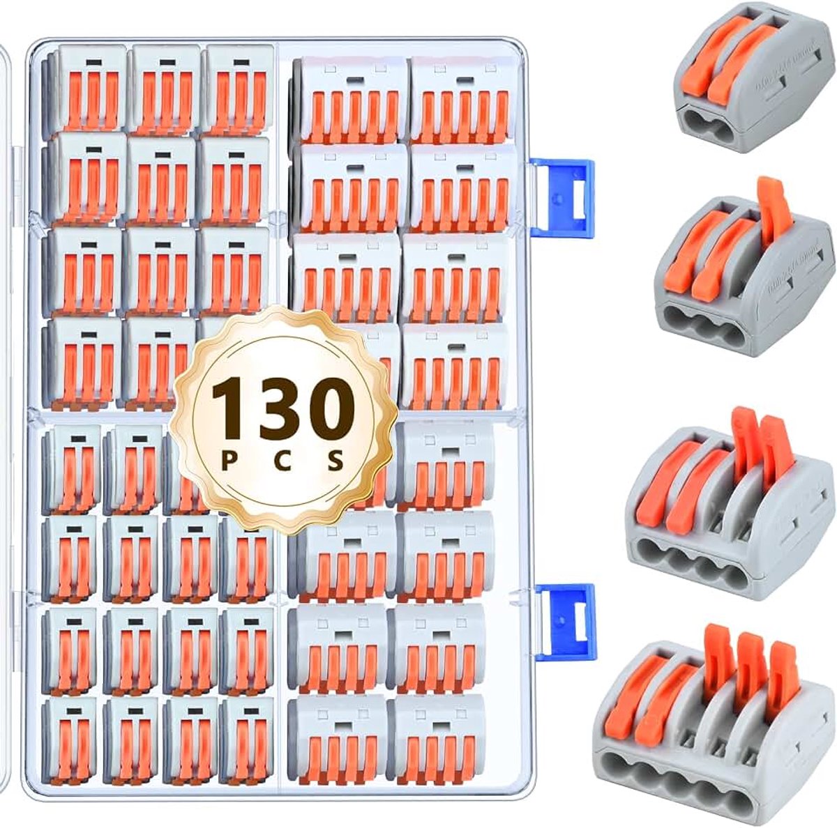 130 stuks elektrische verbindingsstukken met hendel, 2, 3, 4, 5 poorten, compact aansluitblok voor vaste draad (28-12 AWG) en zachte draad (28-14 AWG), 32 A/4 KV, hoge veiligheid voor