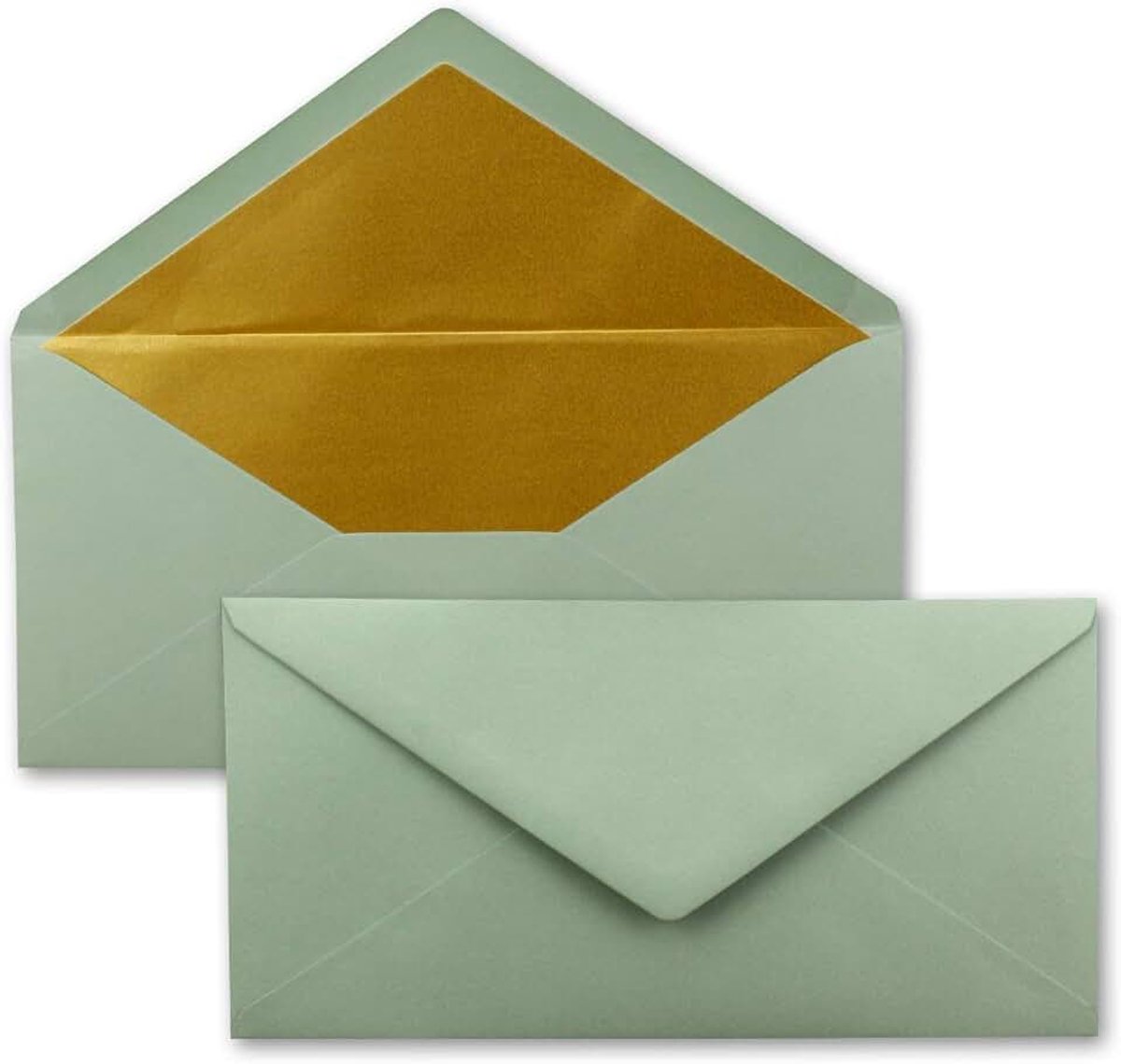 25 enveloppen DIN lang - eucalyptus (groen) met goud-metallic binnenvoering - 110 x 220 mm - nat lijmen - feestelijke enveloppen voor Kerstmis