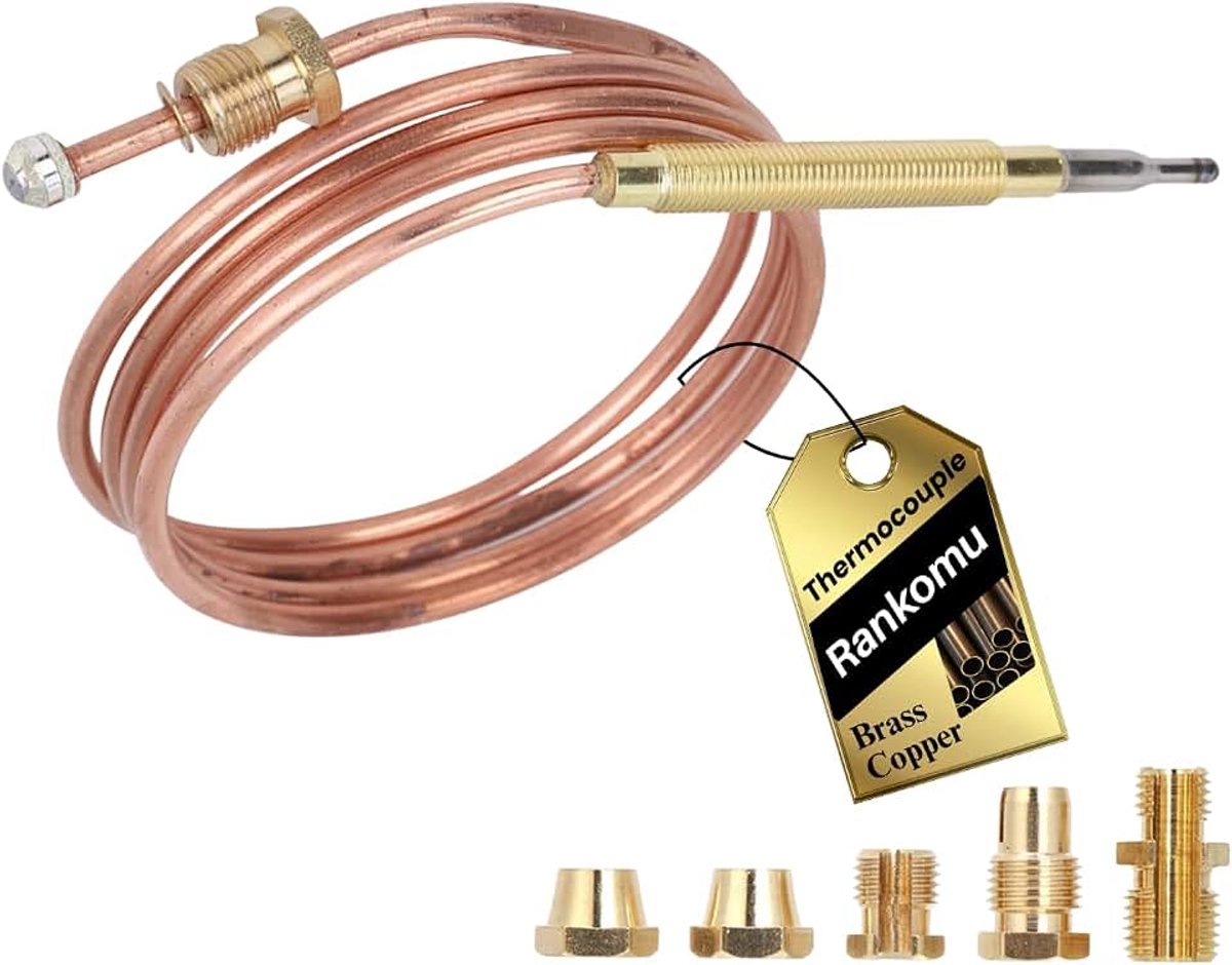 Gas-Thermokoppel 900mm met 5 Moeren – Voor Haard, Verwarmingstoestel & Gasfornuis | Veiligheidsmeting (Werkt met Magneetklep) | M6X0.75 en 11/32-32UNS Aansluiting