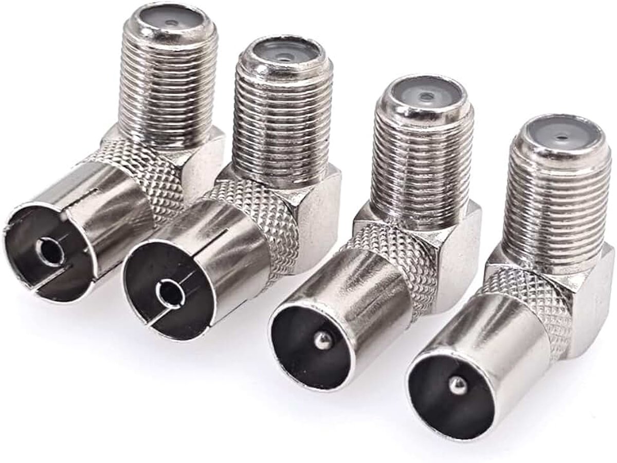 4 stuks 90 graden F-type vrouwelijk naar PAL mannelijk/vrouwelijk connectoren, haakse satellietantenne RF coaxiale adapter, SAT-connector 90 graden voor satelliet-tv en radio's