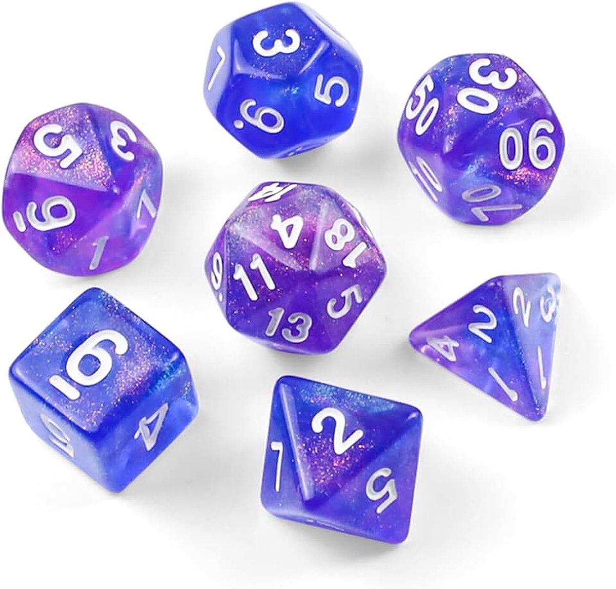 Dice, 7 stuks MTG polyedrische dobbelstenen, D&D dobbelstenen set | Dungeon and Dragons dobbelstenenset, D4 D6 D8 D10 D12 D20 D%, voor RPG, rollenspellen, blauw-rood-witte letters