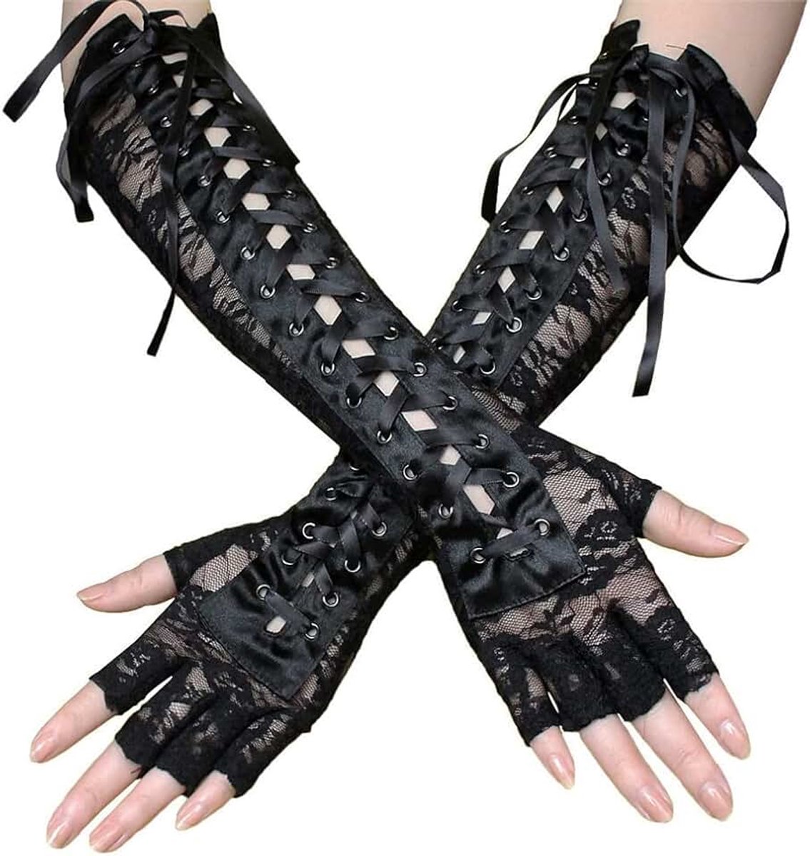1 paar kanten handschoenen, lange handschoenen, punkhandschoenen, ellebooglengte, flirtende handschoenen voor dames, sexy handschoenen voor Halloween, feestkostuum, accessoire voor avondfeest