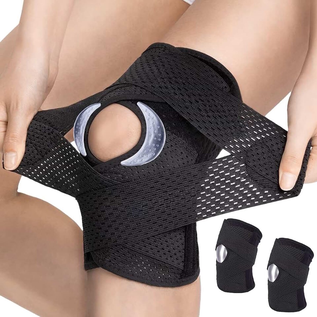 2 stuks kniebandage artrose knie sport knieschijfbandage en compressiebandage met zijstabilisatoren en verstelbare gelpads, zacht, voor artritis, pijn, zwart, L