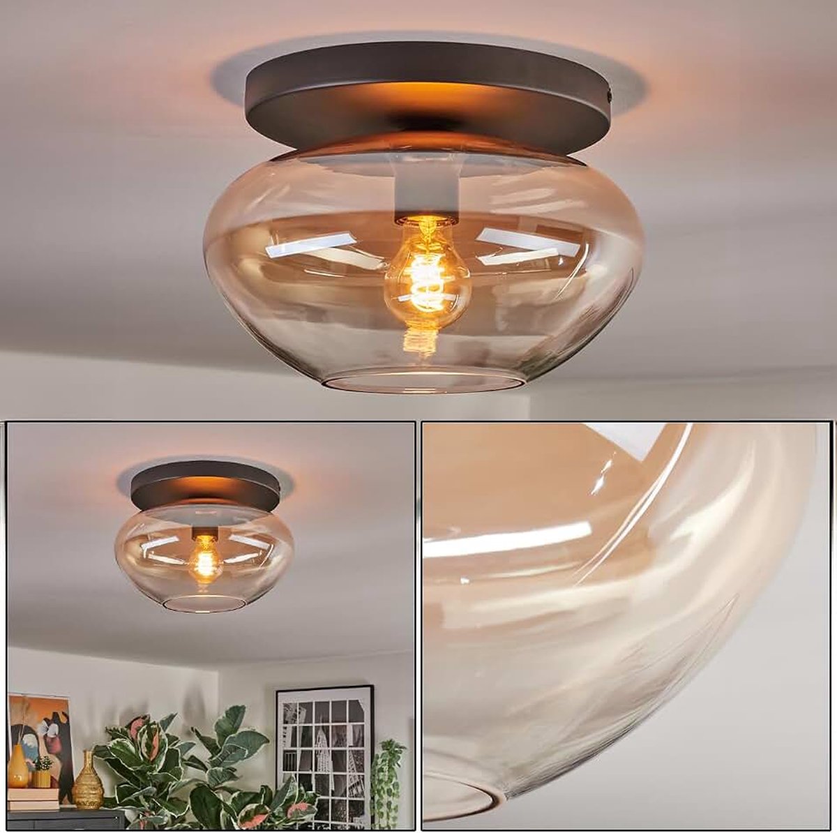 Plafondlamp Mertola, 1-lichts plafondlamp van metaal/glas in zwart/amber/helder, retro/vintage design armatuur (kap Ø 30 cm), E27, eetkamer, woonkamer, keuken, hal, kantoor