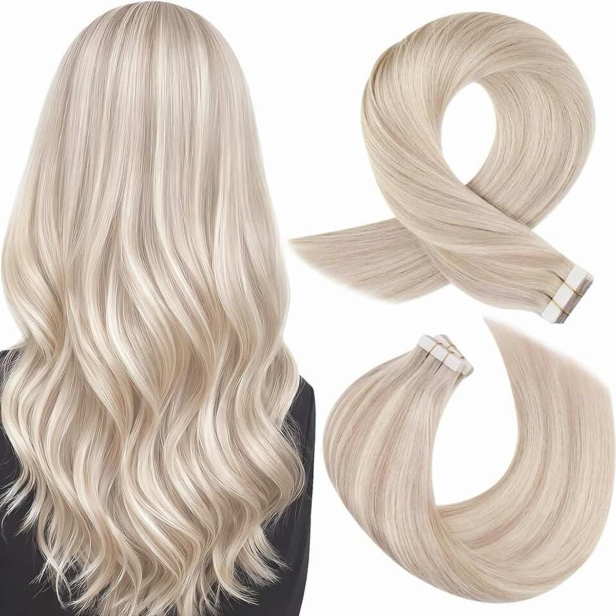 Haarextensies Echt Menselijk Haar Asblond met Bleekblond #P18/613 55 cm 20 Stuks 50g | Tape-ins Human hair extensions, asblond, platina linten, platte tabs, lange strengen voor klauwclips en bruiloften