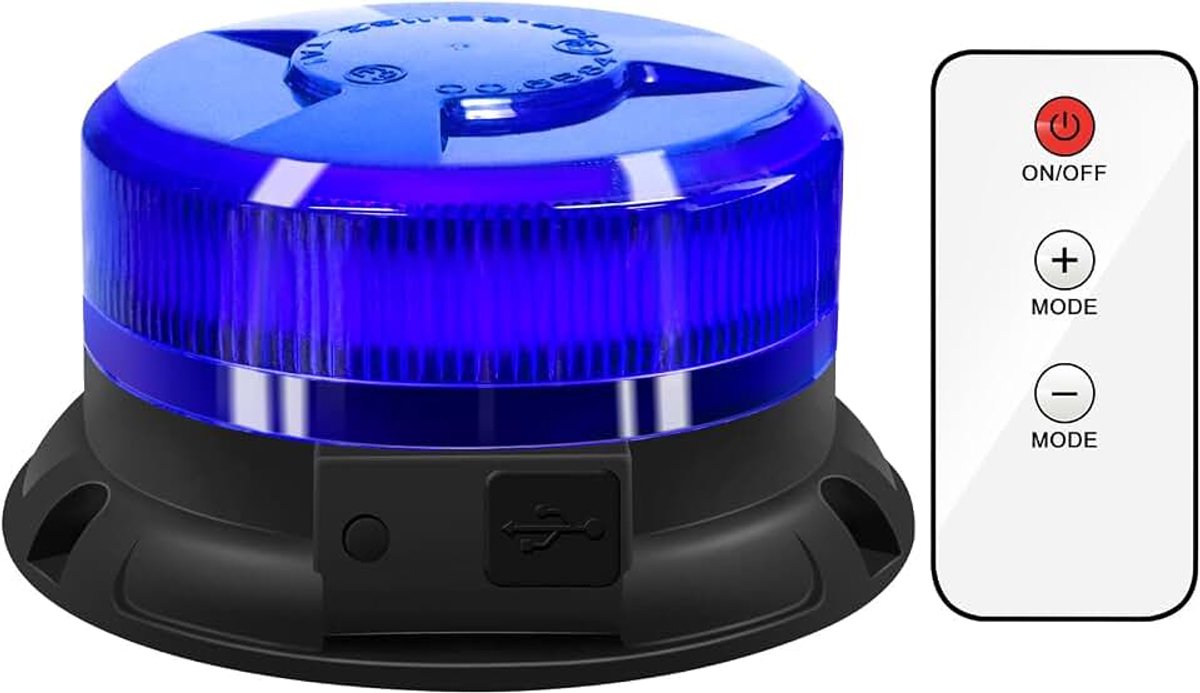 Antom Rondom licht accu met afstandsbediening 9 flitspatronen 12V 24V blauw waarschuwingslicht led magneet met autolader en USB-kabel voor auto vrachtwagen tractor golfwagen SUV