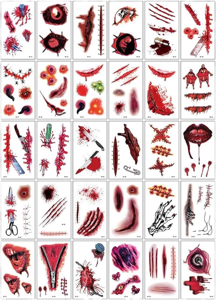 30 stuks Halloween Zombie Scar-tatoeages, Halloween-tatoeages, littekens, gezicht, waterdicht, big, griezelig horror, rood